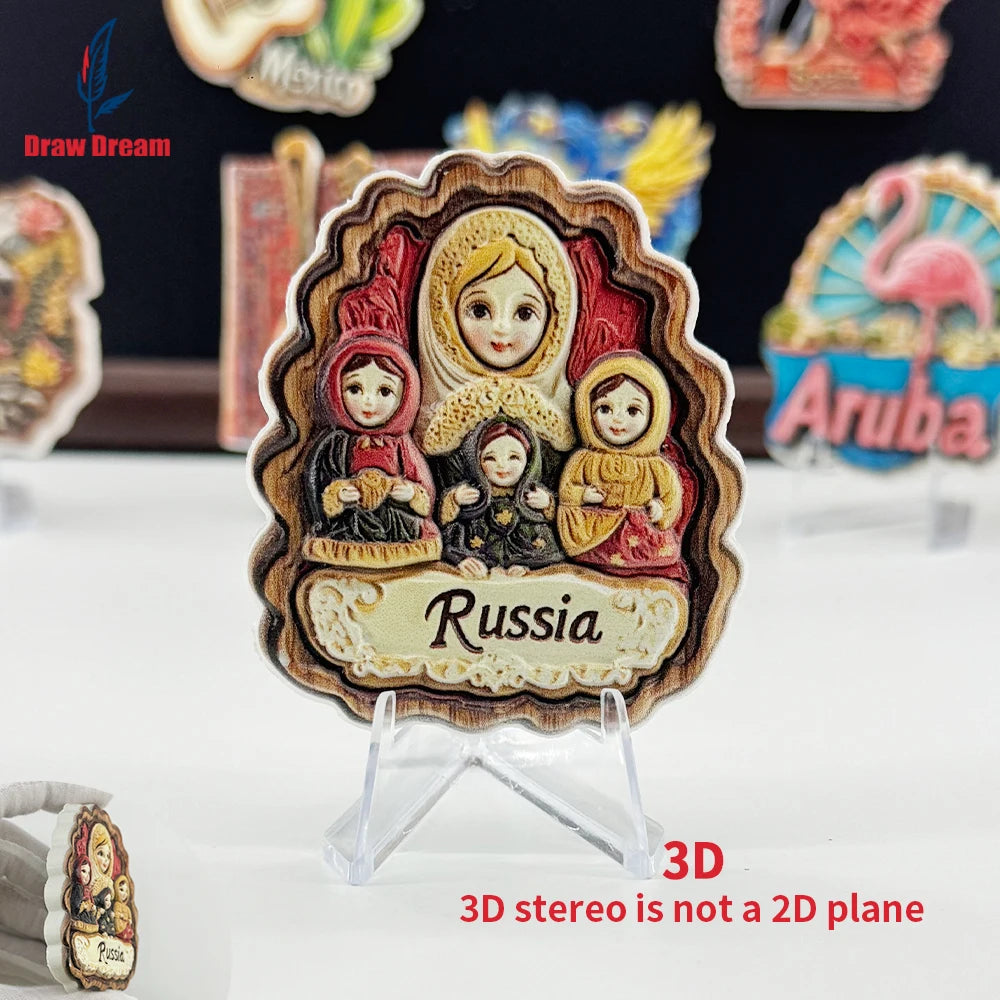 A 3D refrigerator magnet featuring a portrait of a woman in traditional Russian attire with the word Russia.