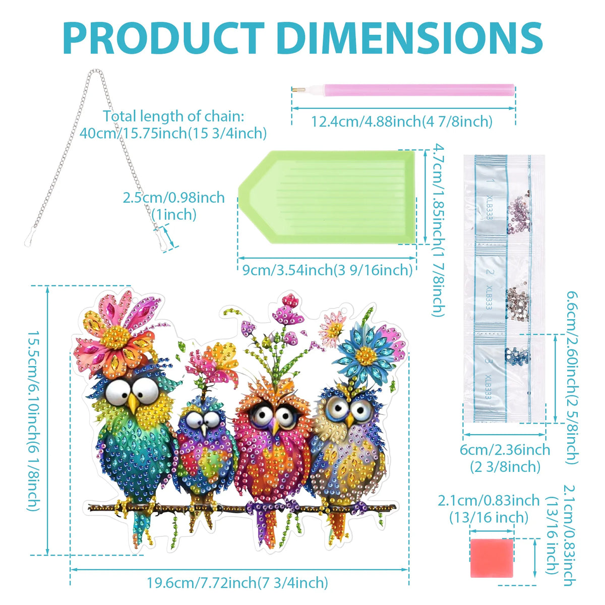 A set of five animal-shaped acrylic pendants for a Diamond Art sun catcher kit, showing dimensions and finished products.