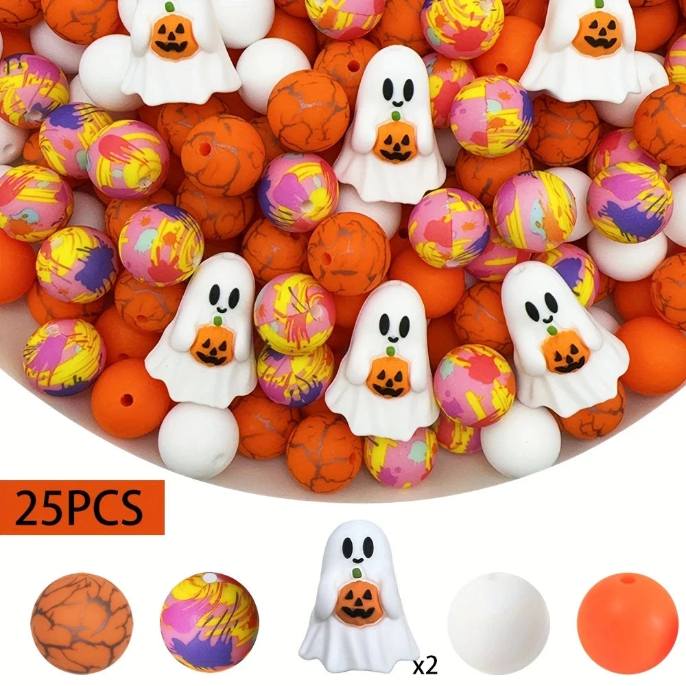 A set of 25 Halloween silicone beads in orange, white, and purple colors for jewelry and crafting.