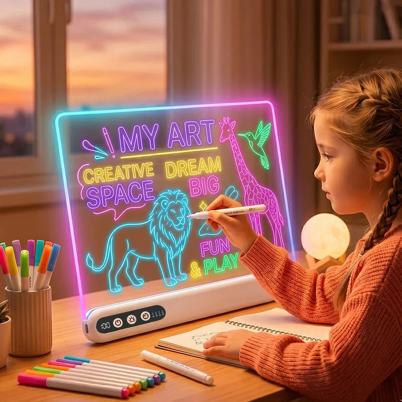 A young girl draws on a glowing LED art board with her finger, surrounded by art supplies.