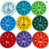 A collection of ten colorful math fidget spinners showing multiplication facts for practice.