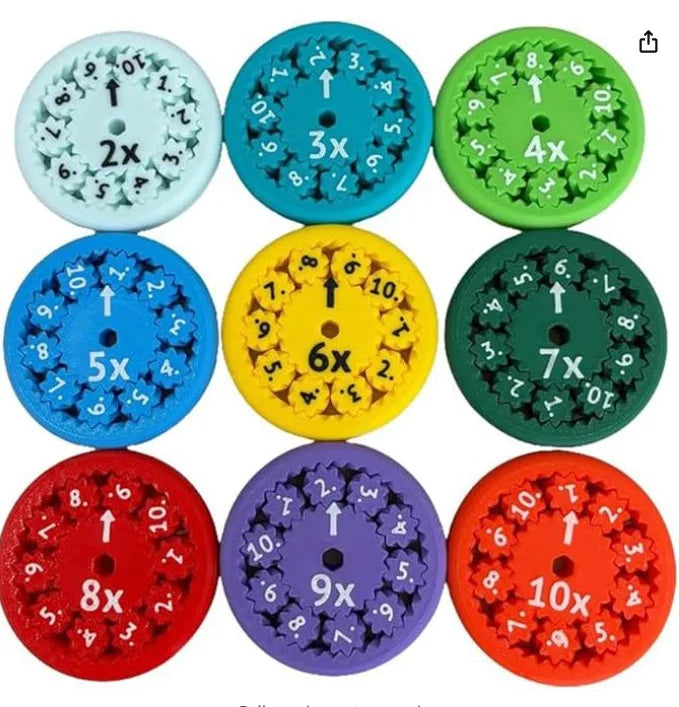 A collection of ten colorful math fidget spinners showing multiplication facts for practice.