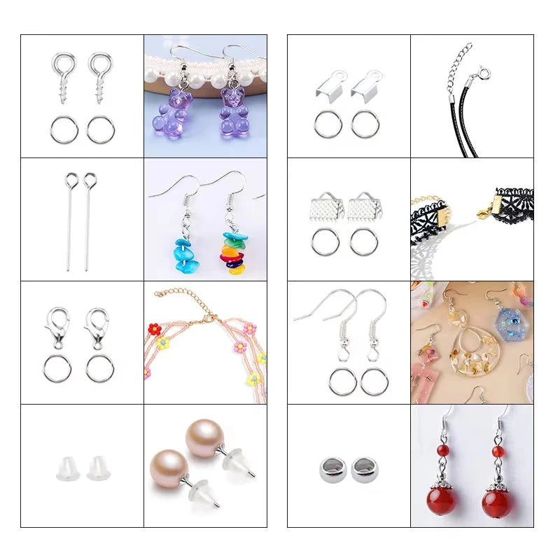 A collection of jewelry making supplies including findings, tools, and various beads and components.