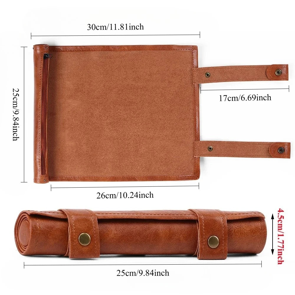 A brown PU leather foldable dice rolling tray with a storage bag shown in multiple views.