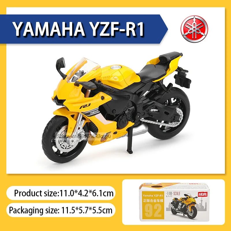 Yellow Yamaha YZF-R1 1:18 scale die-cast motorcycle model shown in a studio setting.
