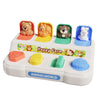 A white toy featuring five plastic animal figures in different colors, designed as a hide and seek sensory game for toddlers.