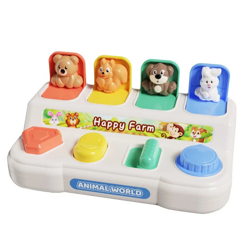 A white toy featuring five plastic animal figures in different colors, designed as a hide and seek sensory game for toddlers.