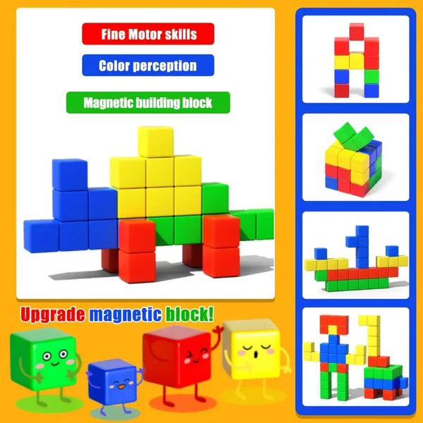 A set of colorful magnetic building blocks including various shapes and colors for toddlers.