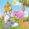 A jigsaw puzzle featuring cartoon animals including a deer, a pink elephant, and a lion cub on a green background.