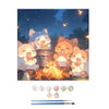 An abstract sunset landscape paint by numbers kit featuring cute animal characters around a campfire.