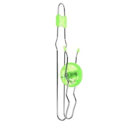 A silver and lime green retro magic rail twirler toy with a plastic handle.