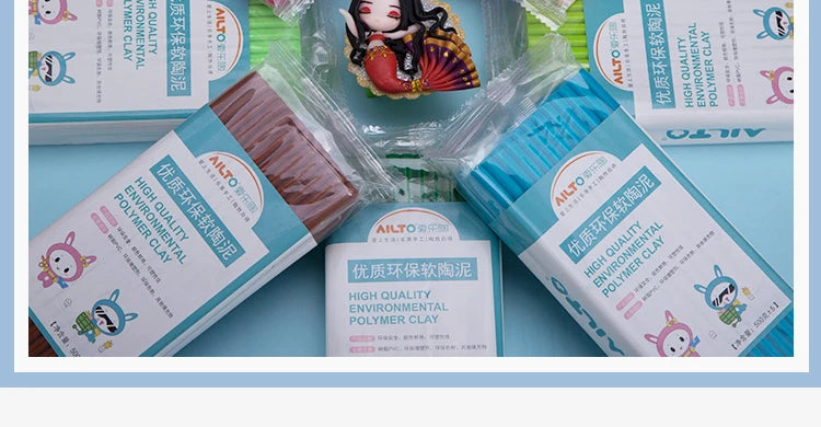 A close-up of an Alto polymer clay kit showing various colors and packaging for modeling clay.