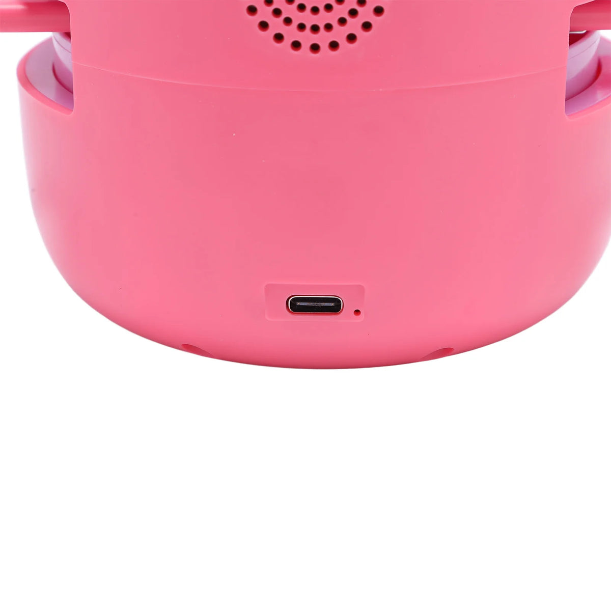 A close-up view of a pink smart drawing robot for kids with a circular base and a small USB port.
