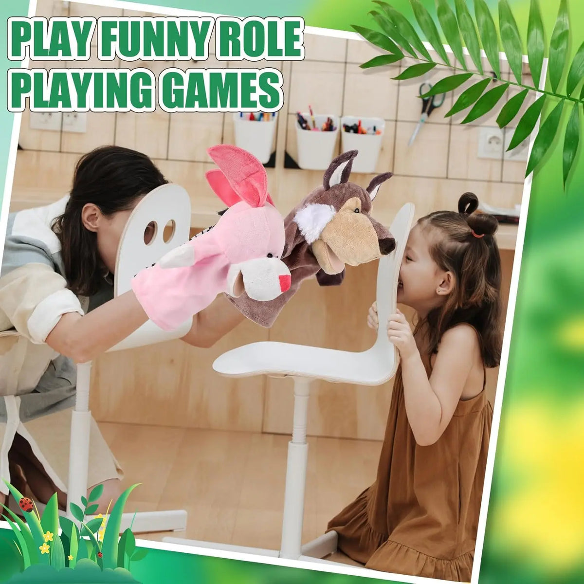 A young girl is playing with a soft plush animal hand puppet set featuring a movable mouth.