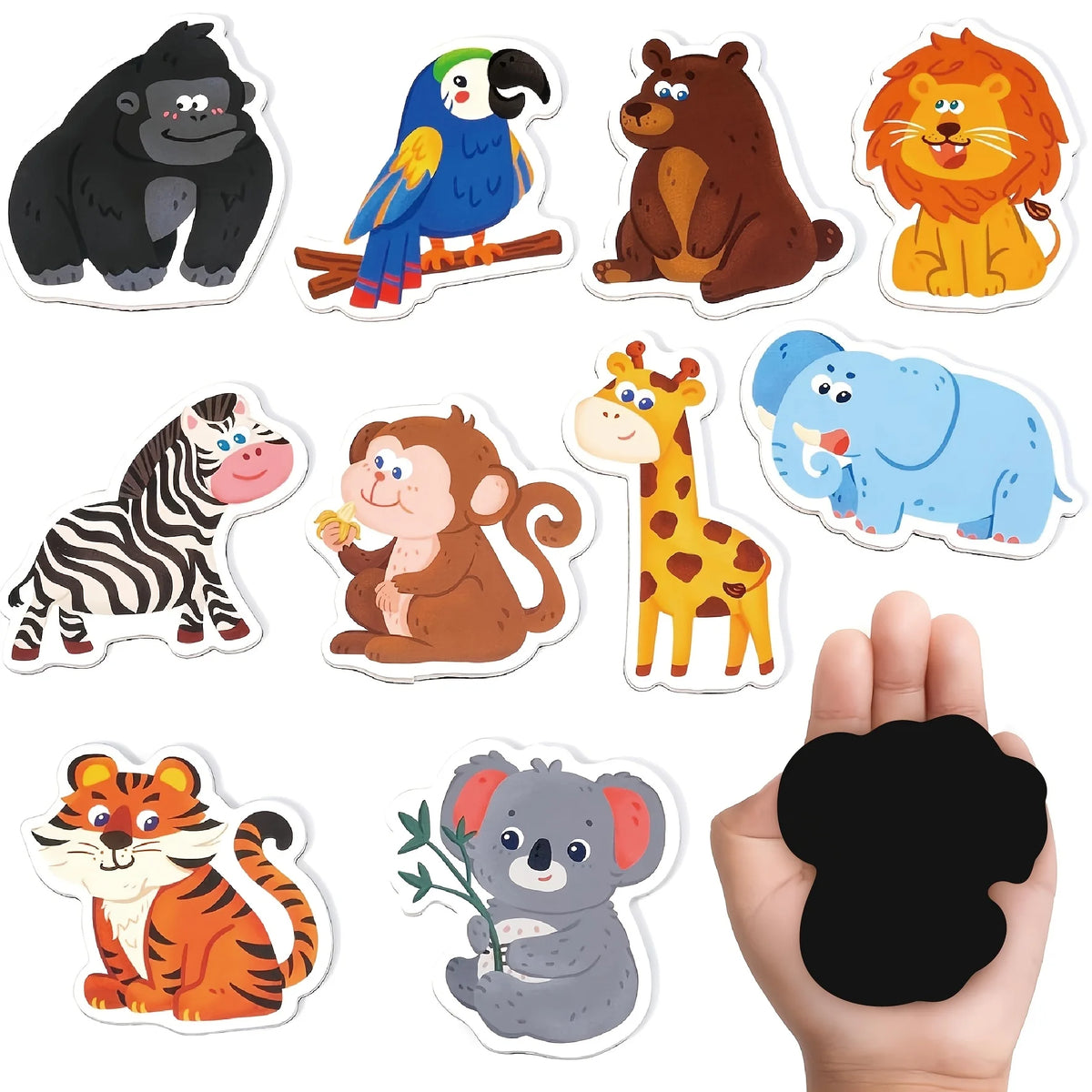 A set of ten adorable animal fridge magnets featuring various mammals like bears, lions, zebras, and elephants.