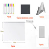 Set of seven colorful markers and a white acrylic message board with a gray clip and power cord.