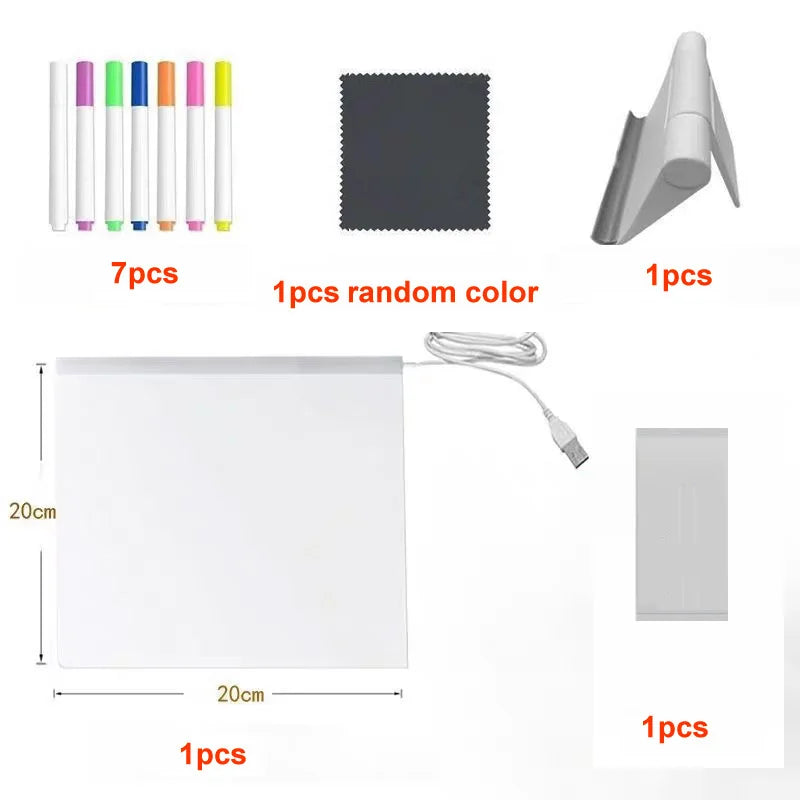 Set of seven colorful markers and a white acrylic message board with a gray clip and power cord.