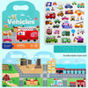 A colorful reusable vehicle sticker book featuring various toy vehicles and vehicles on a background illustration.