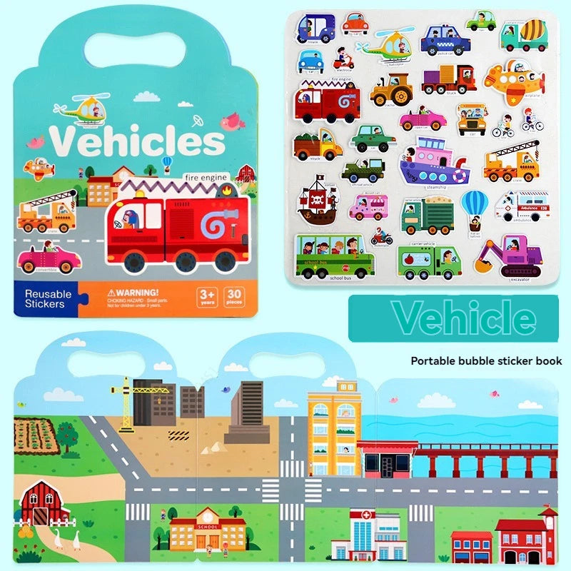 A colorful reusable vehicle sticker book featuring various toy vehicles and vehicles on a background illustration.