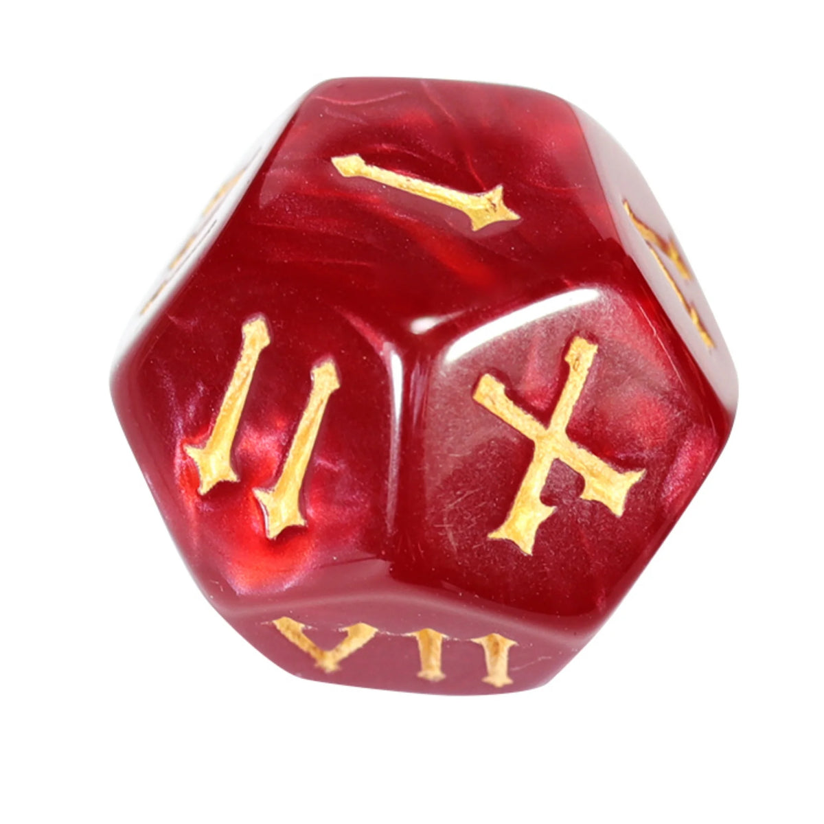 A red polyhedral die with Roman numerals and crosses is shown on a white background.