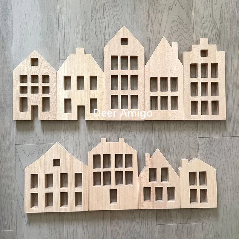 A wooden puzzle featuring a row of stylized houses or buildings cut from light wood.