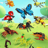 A collection of insect building blocks including a bee, ant, butterfly, and various other insects in yellow, orange, black, a