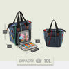 A navy canvas knitting tote bag with yarn storage and organizer pockets shown from the front and side.