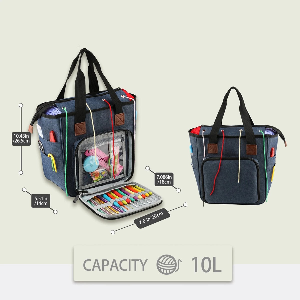 A navy canvas knitting tote bag with yarn storage and organizer pockets shown from the front and side.