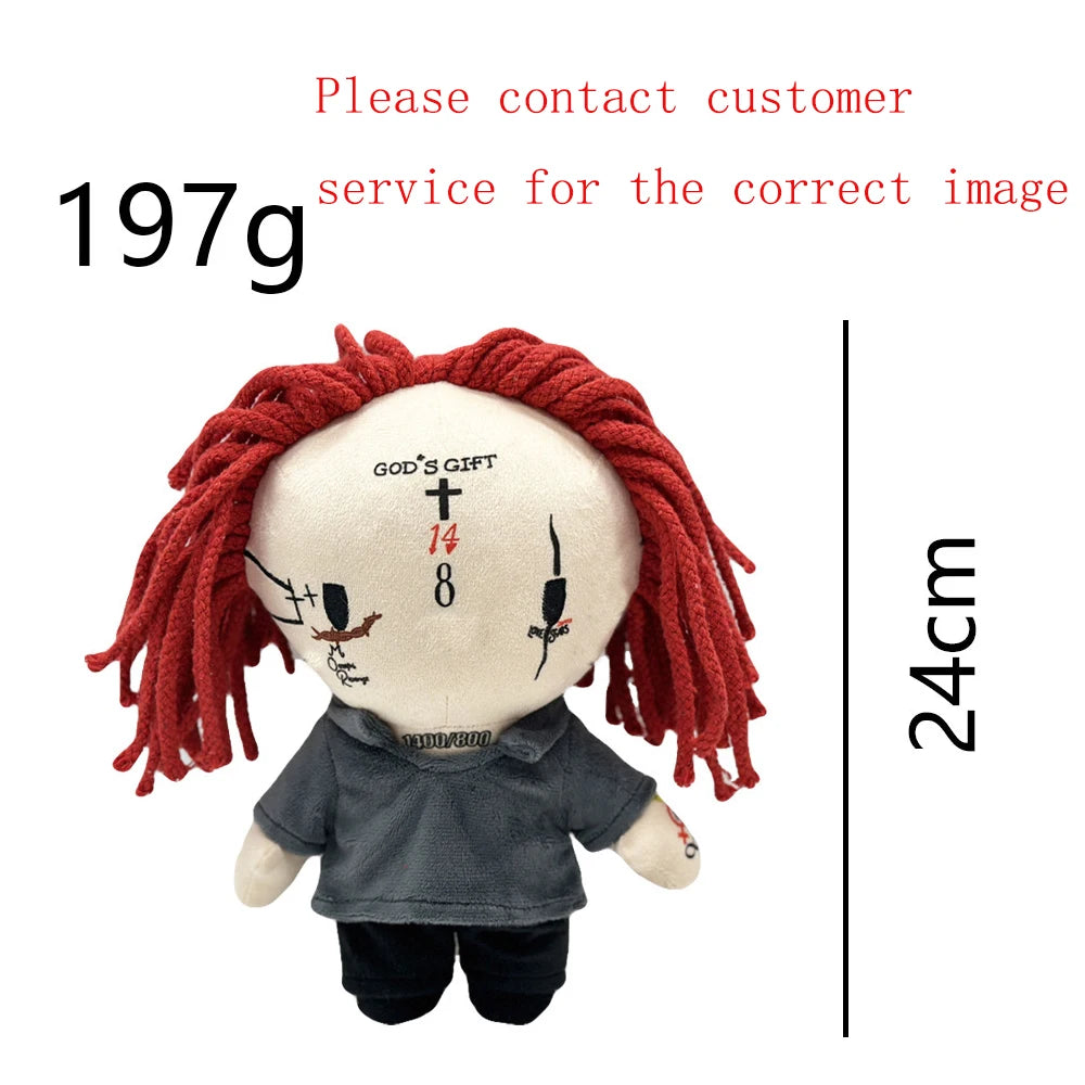A plush doll resembling Eminem, XXXTentacion, and Frank Ocean with red hair and a gray shirt.