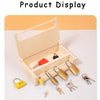 A wooden lock and key toy set displayed inside an open wooden box for product display.