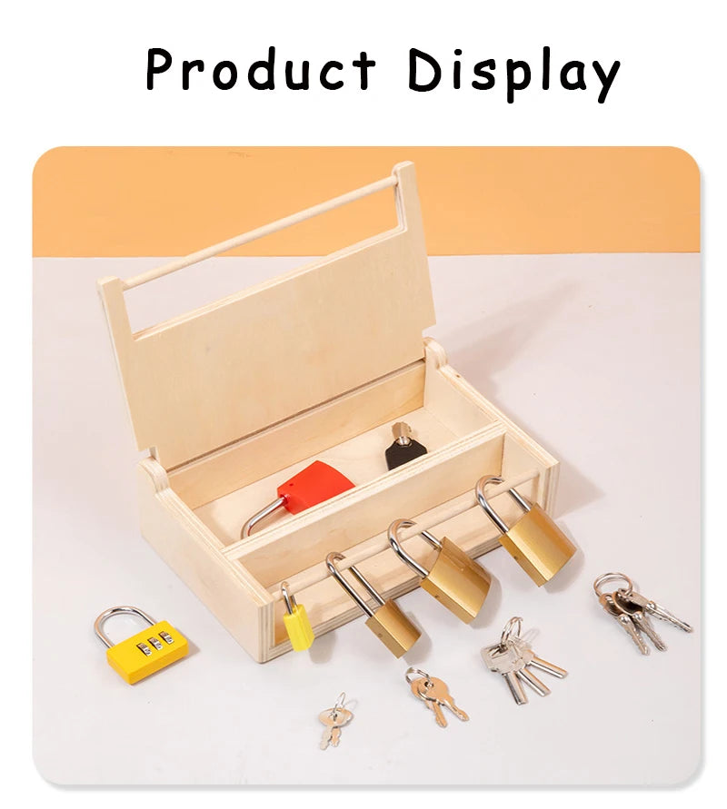 A wooden lock and key toy set displayed inside an open wooden box for product display.