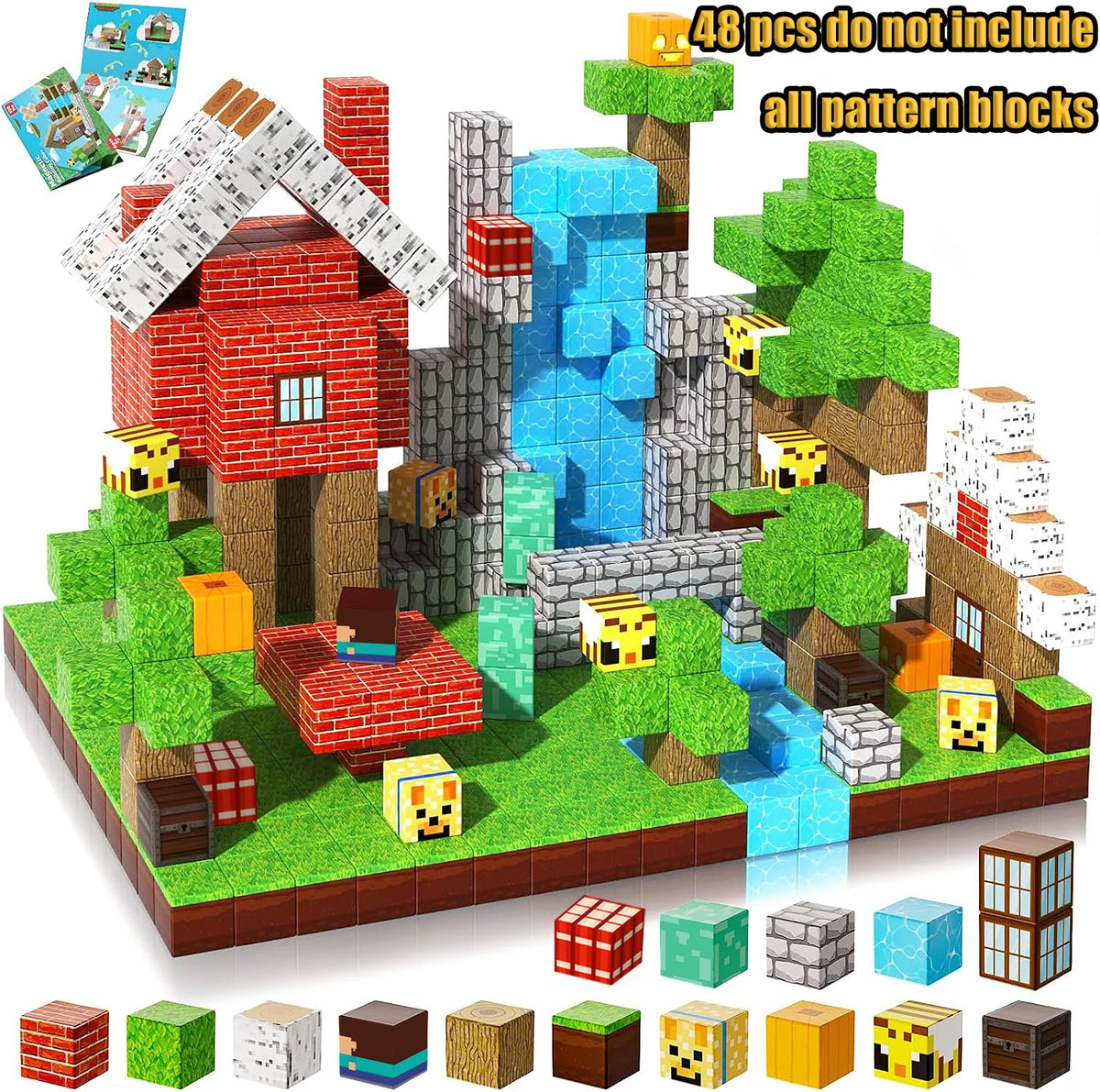 A set of magnetic building blocks depicting a castle structure with various colored and shaped pieces.