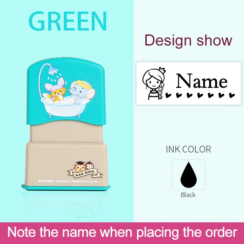 A green waterproof labeling stamp featuring a bathtub design for custom kids names.