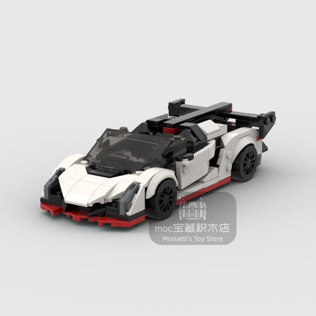 A black and white classic supercar model built from building blocks.