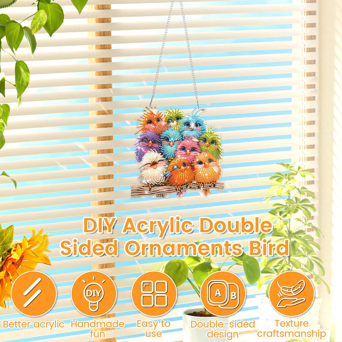 DIY acrylic double-sided bird ornament featuring colorful feathered designs hanging in front of a slatted window.
