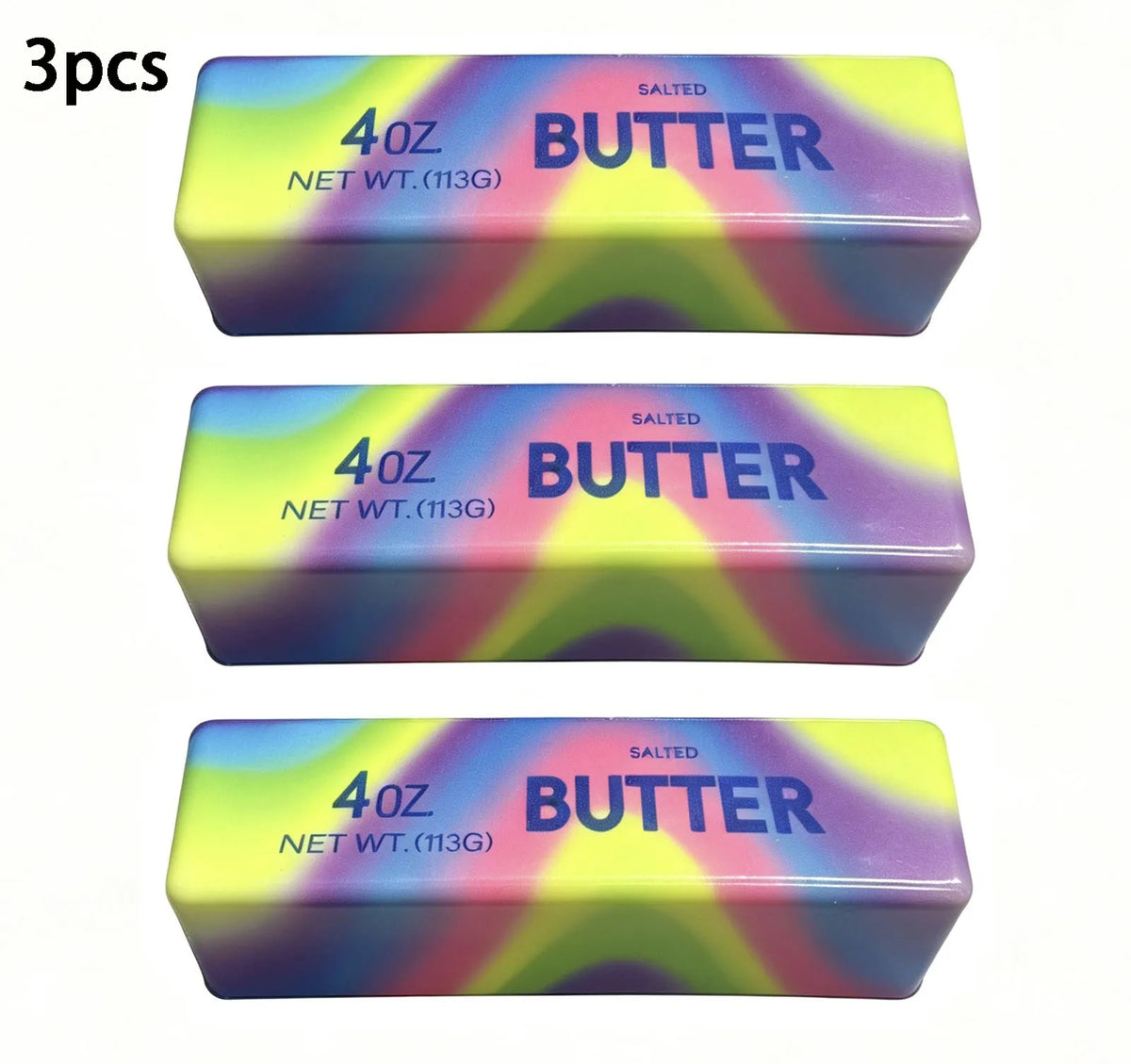 Three identical butter stick squishy toys in various pastel colors and packaging.
