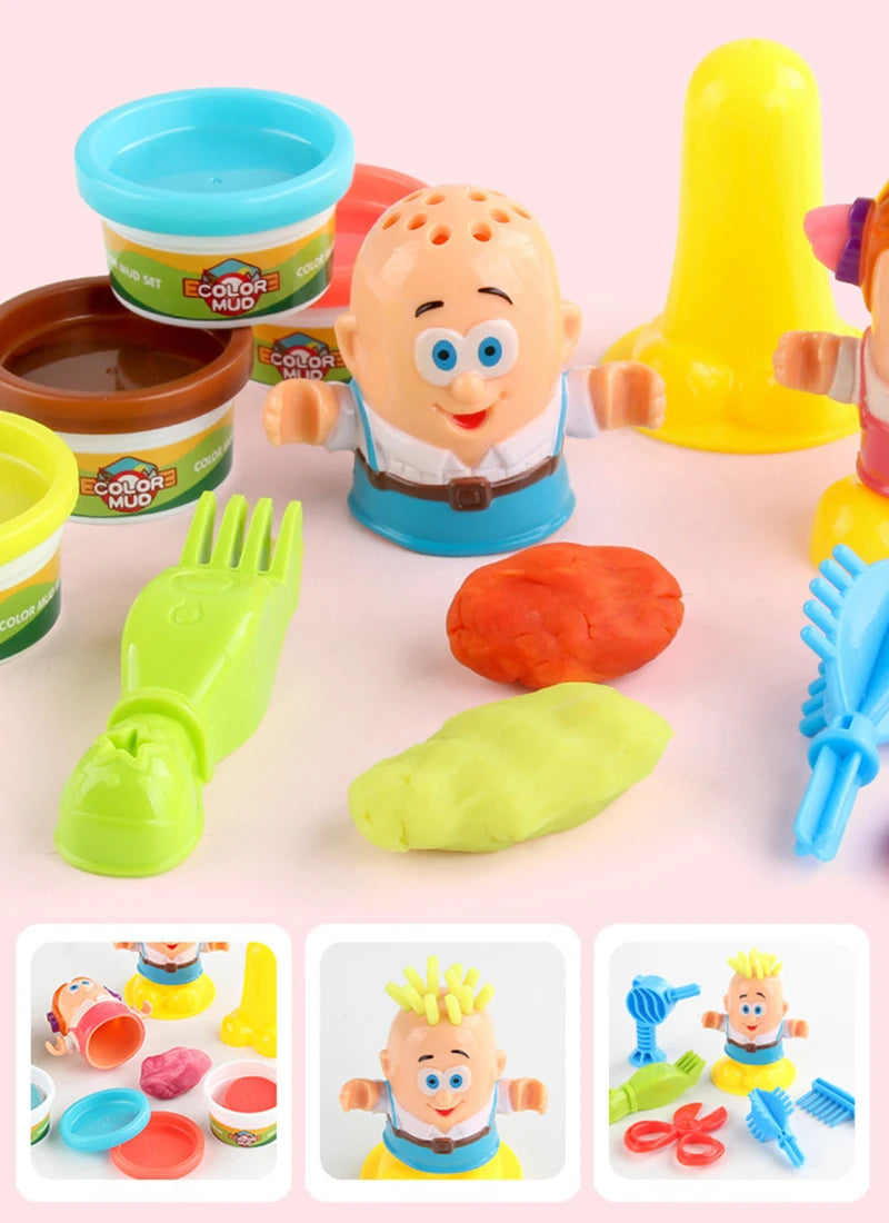 A set of colorful playdough and tools for making haircuts, including various colors and shapes.