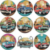 Eight diamond painting coasters featuring classic cars and vintage vehicles with metal holders