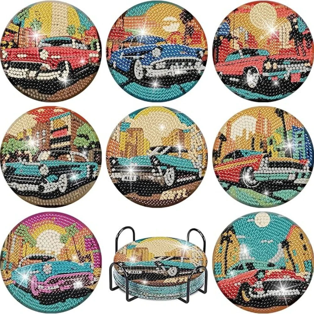 Eight diamond painting coasters featuring classic cars and vintage vehicles with metal holders
