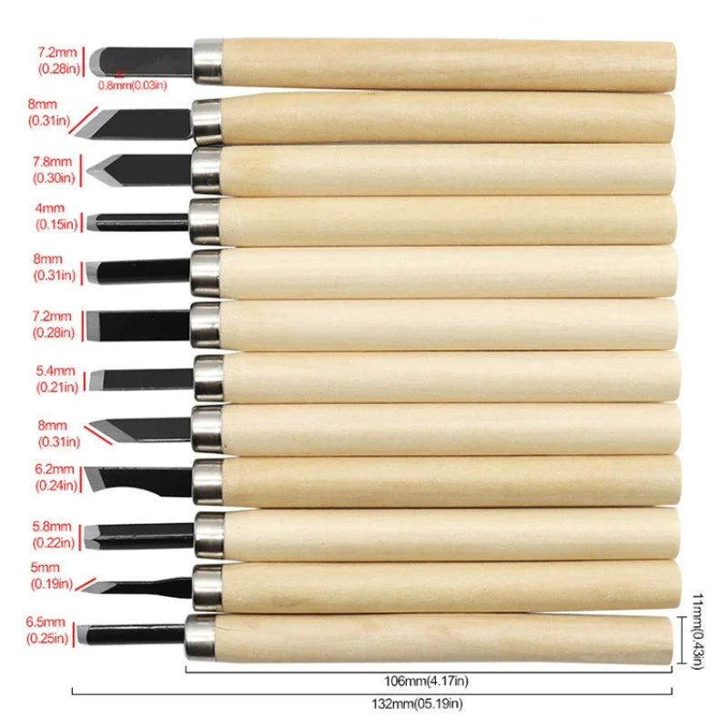 A set of professional wood carving chisels with various blade sizes and wooden handles.