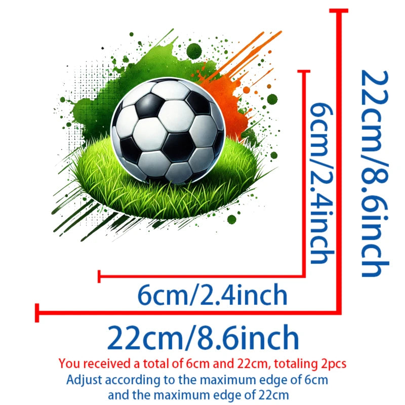 Iron-on patches featuring a soccer ball splash design, with measurements for 6cm and 22cm edges.