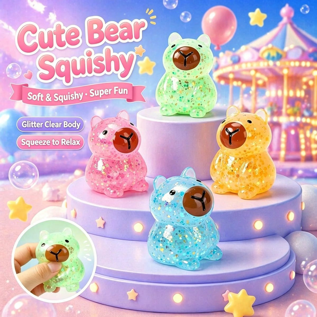 A collection of cute bear squishy toys in various colors and glitter textures displayed on purple stands.
