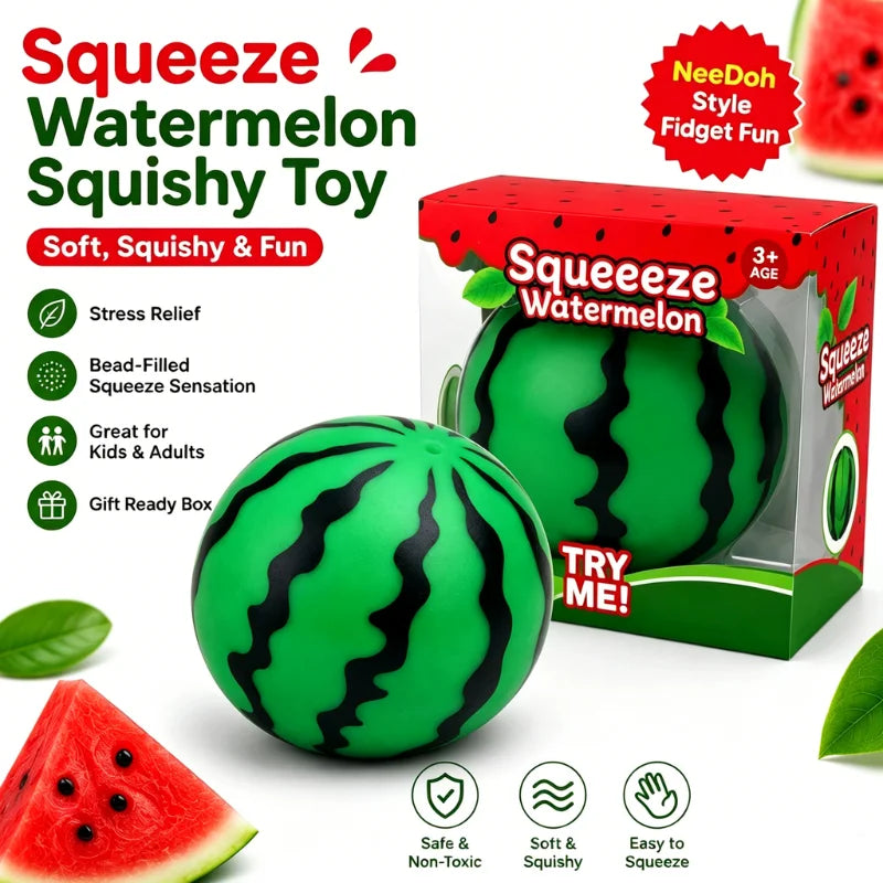 A green watermelon squishy toy ball with black stripes is shown next to its packaging box.