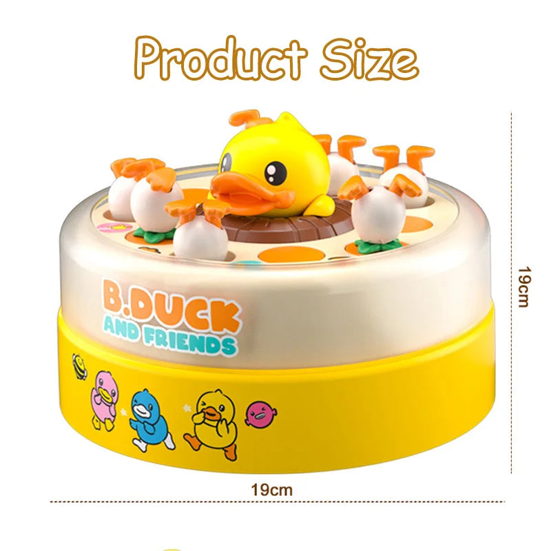 A yellow duck toy with friends sitting on a round white base for reflex training.