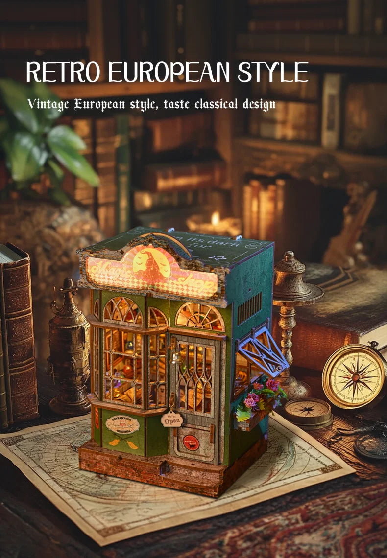 A detailed miniature wooden book nook kit featuring an ornate facade and glass windows, displayed on a rustic surface.