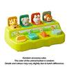 A yellow and green Montessori pop-up animal toy set with colorful buttons featuring various animals.