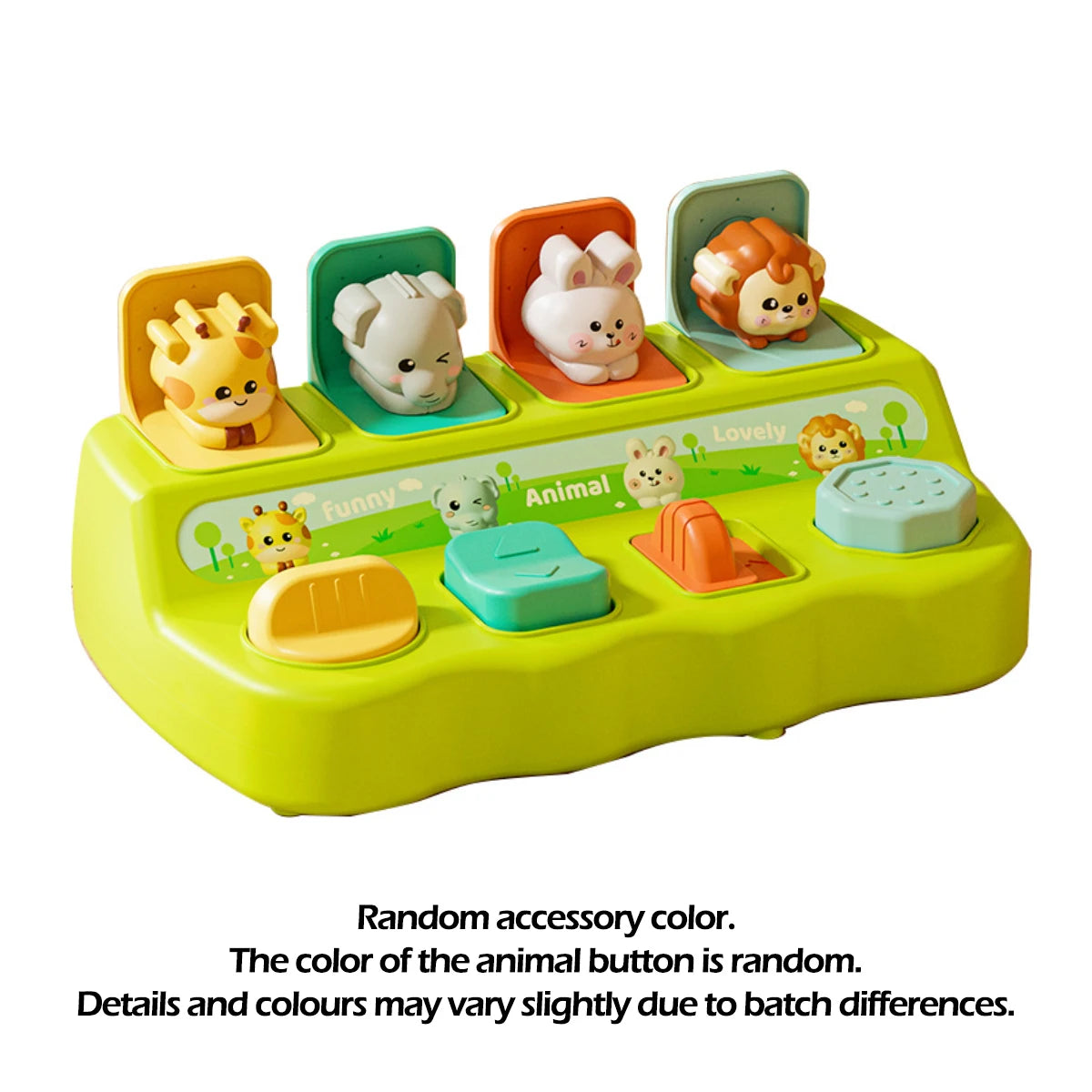 A yellow and green Montessori pop-up animal toy set with colorful buttons featuring various animals.