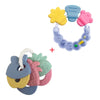 A set of silicone baby teethers in various colors including yellow, pink, and blue, arranged on a white background.