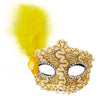 A gold lace masquerade mask with white trim and a yellow feather attached.