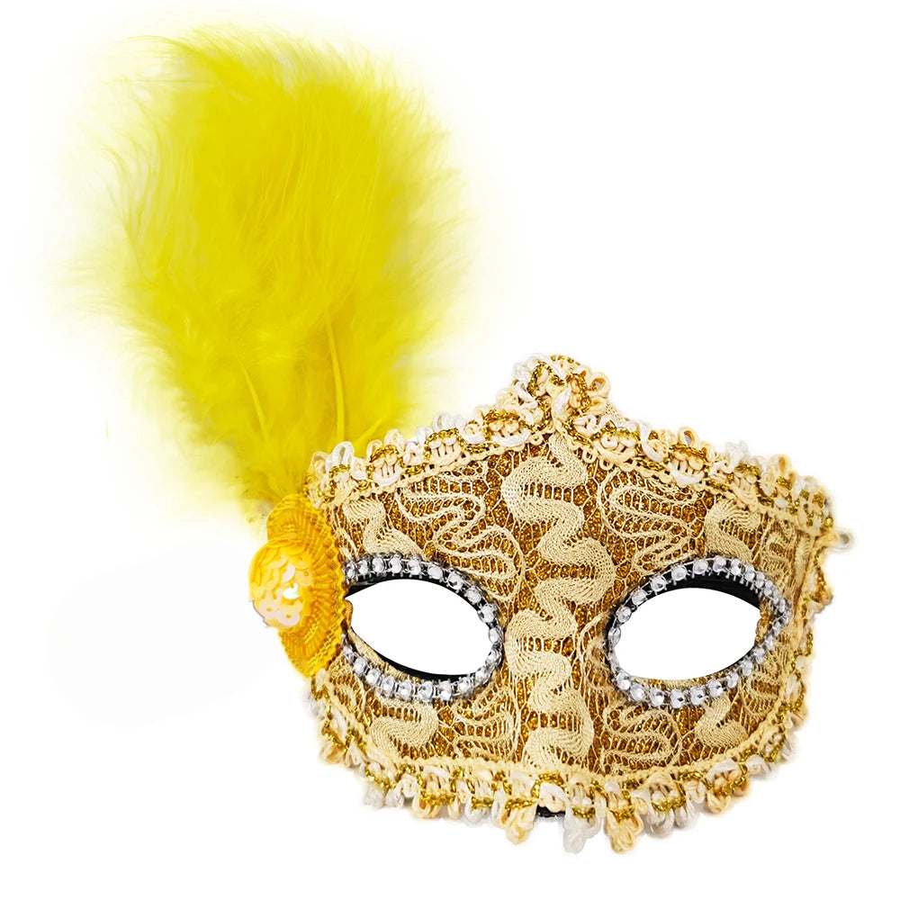 A gold lace masquerade mask with white trim and a yellow feather attached.